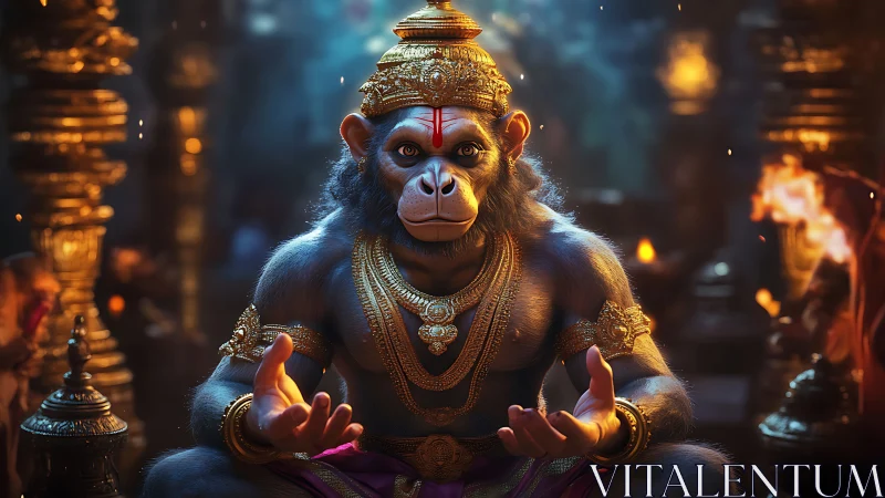 Simian deity in jeweled armor meditating amid temple fire.