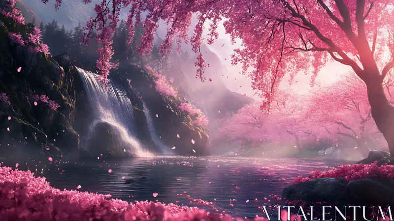 Digital landscape shows waterfall and river amid pink foliage