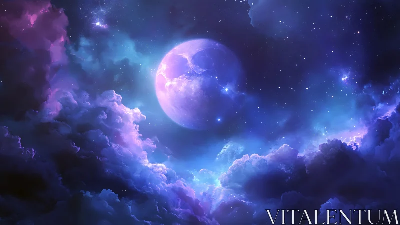 Dreamy violet moon drifting above glowing cosmic clouds.