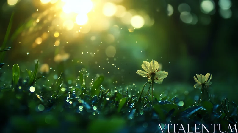 Macro dawn flora with dew-lit bokeh field composition.