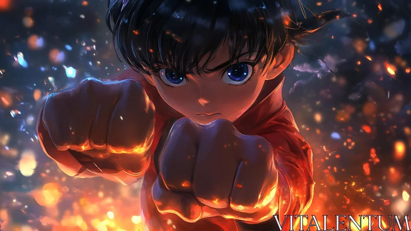 Focused anime boy with glowing fists in fiery scene.
