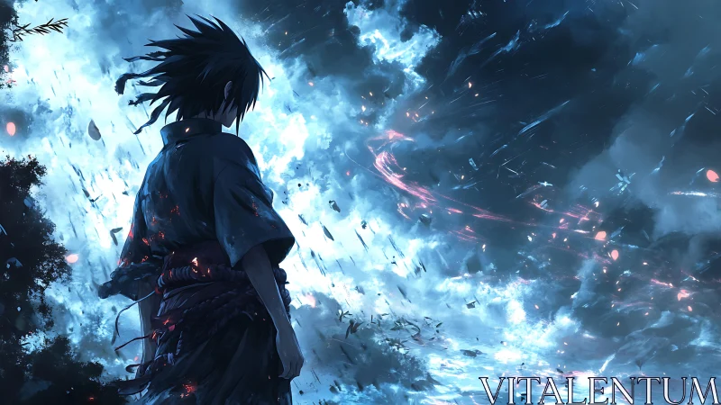 Storm-wreathed swordsman gazes into a crackling cosmic tempest.