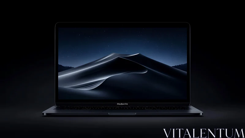 Midnight laptop cradles a luminous dune under starry calm