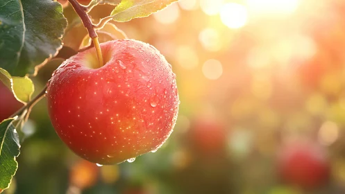 Macro analysis of dew-covered apple under backlit bokeh field.