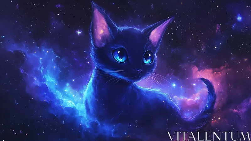 Cosmic Feline with Glowing Eyes in Nebula Space.