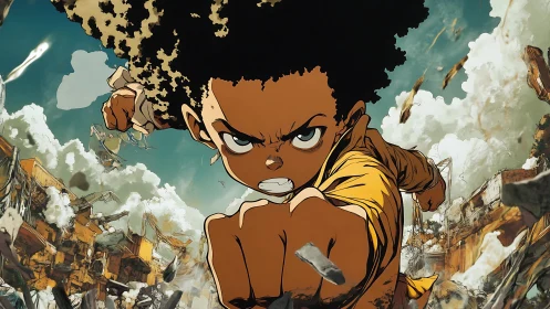 Fearless kid hero lunges forward through explosive ruins.