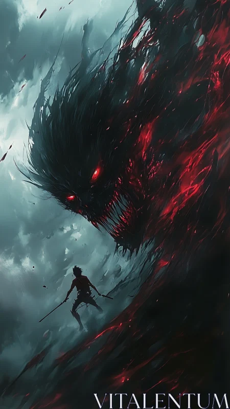Swordsman confronts colossal shadow demon in crimson storm.
