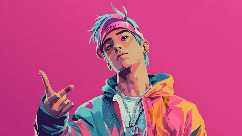 Stylized digital portrait depicts youth in colorful streetwear