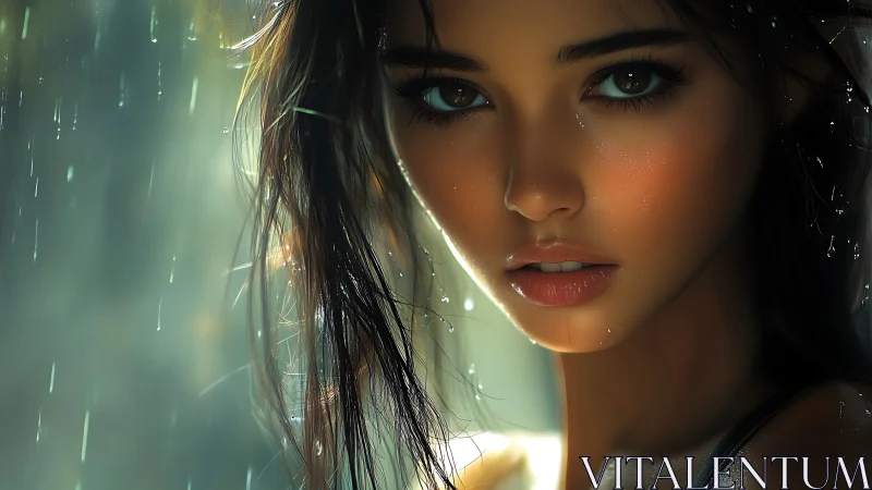 Soft rainlit gaze with luminous eyes and sun-warmed skin.