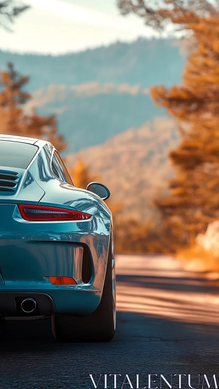 Sports car reflects warm mountain light on forest road.
