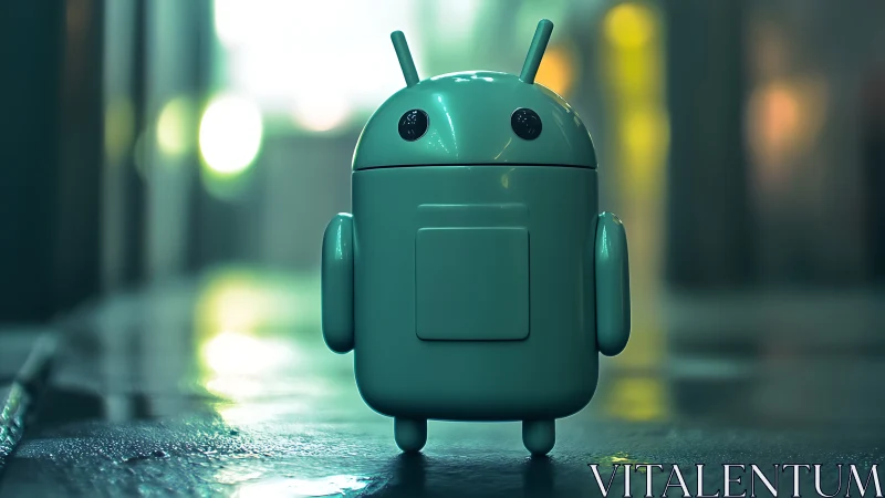 Cylindrical teal android figurine on wet urban pavement at night.