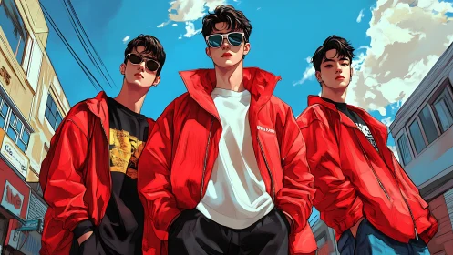 Street trio in red jackets under clear urban sky.