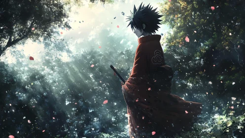 Quiet anime wanderer in glowing forest of drifting petals.