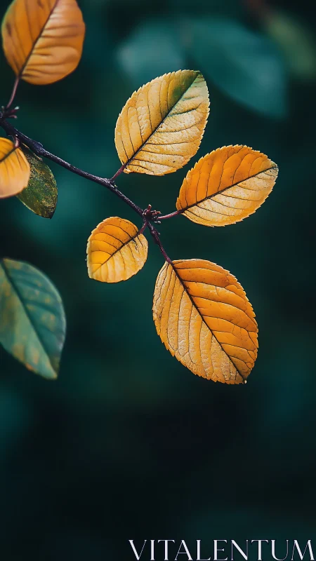 Golden autumn leaves poised against deep forest dusk.