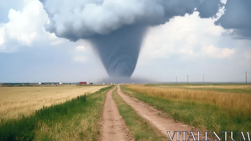Dirt road leads toward a towering tornado over open fields