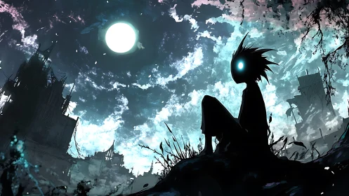 Celestial silhouette under moonlit post-apocalyptic skyline.