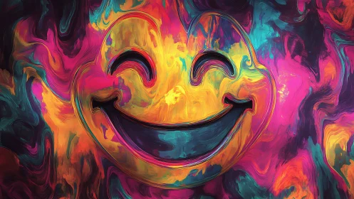 Neon smiley face carved into swirling multicolor fluid paint field