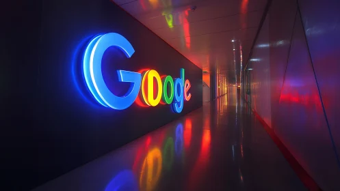 Chromatic Google wall sign in reflective office corridor.