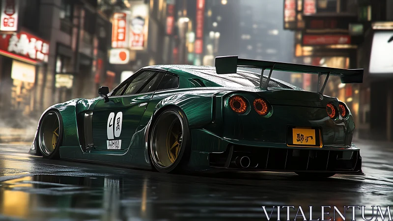 Modified green sports car on wet urban night street scene.