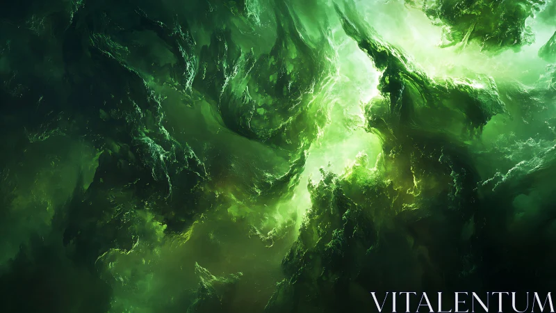Green abstract nebula-like vortex with swirling textures.