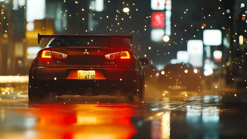 Tuned sports car in neon city rain with cinematic bokeh glow.