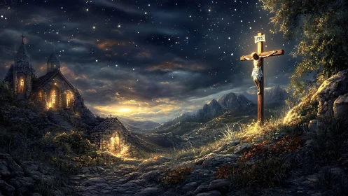 Digital painting of crucifix under starlit sky with chapel glow.