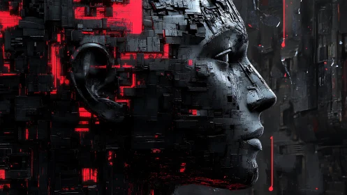 Cybernetic human profile built from dark circuit blocks.