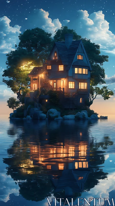 Victorian mansion rendered with procedurally layered architecture suspended above water reflecting s