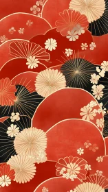 Crimson layered fans with stylized florals in Japanese rhythm.