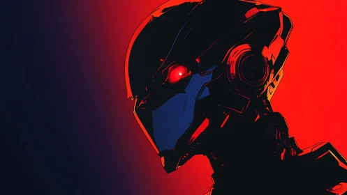Cybernetic android profile in red-blue contrast lighting.