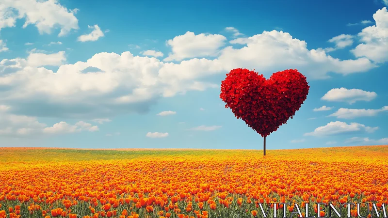 Photorealistic Heart-Shaped Topiary in Monoculture Orange Poppy Field.