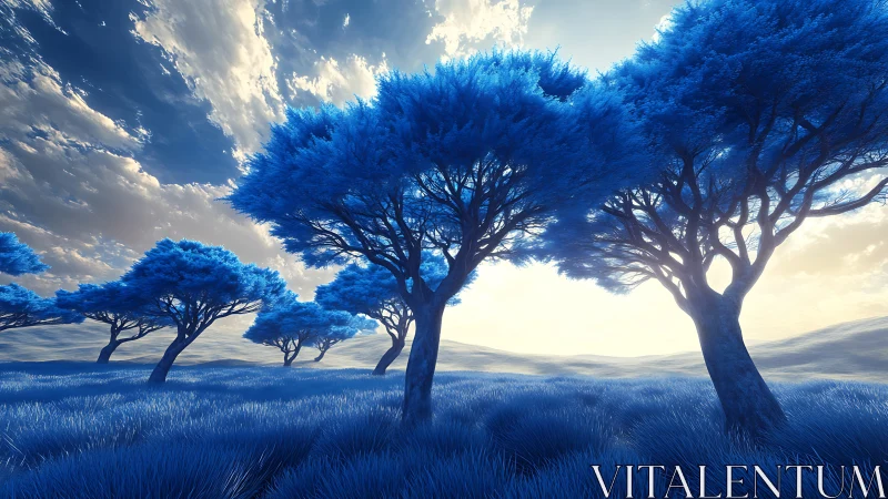 Iridescent blue trees curve across a luminous fantasy plain