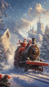 Santa train storms through enchanted snowy forest landscape.