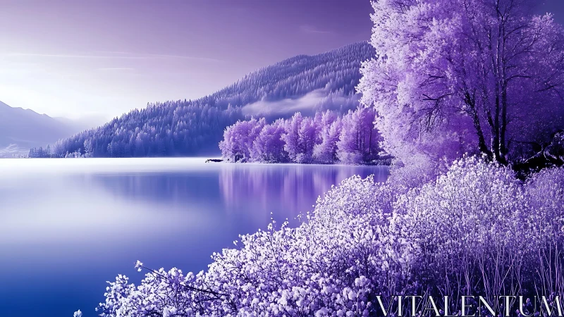 Violet lake landscape under misty forested mountains.