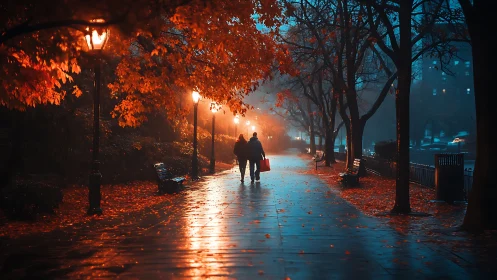 Rainy Autumn Evening Walk Through Illuminated Park.