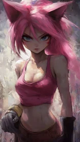 Pink haired feline humanoid in cropped athletic top standing.