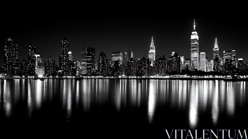 Monochrome skyline with luminous towers mirrored on water.