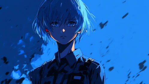 Quiet blue haired anime teen stands in soft glowing light