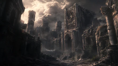 Gothic fantasy ruins in atmospheric digital painting composition.