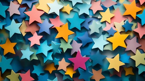 Layered multicolor star field with playful 3D relief design.