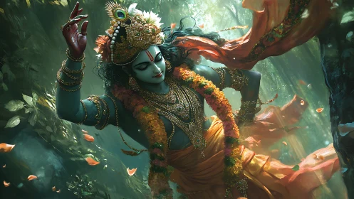 Divine blue-skinned dancer in ornate garb amid luminous forest