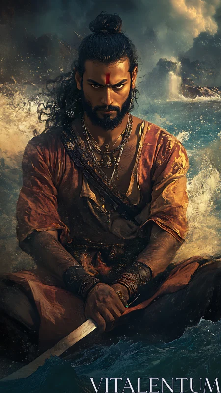 Warrior seated at sea with blade in storm conditions.
