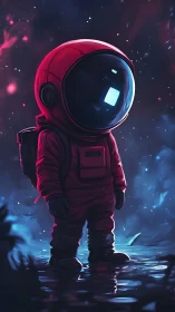 Childlike astronaut in red suit on reflective alien pool.