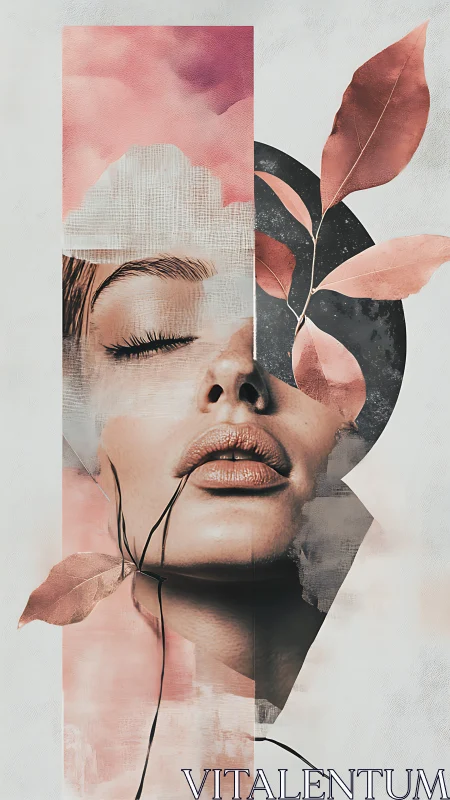 Dreamy portrait wrapped in soft blush clouds and leaves.