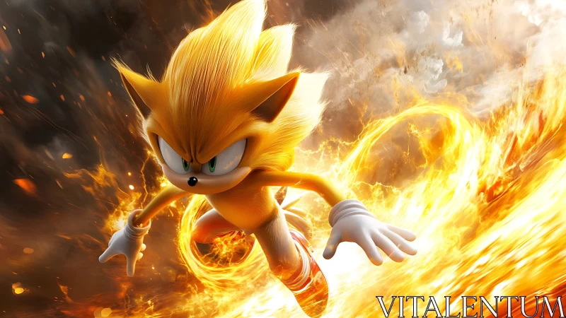 Anthropomorphic hedgehog figure rendered amid dynamic fire effects