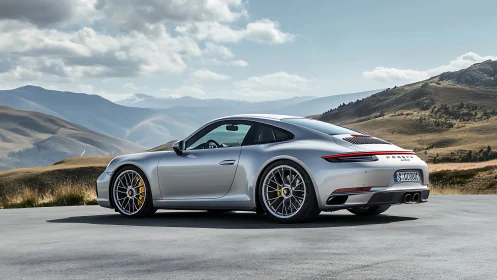 Silver coupe parked on mountain road under cloudy sky.