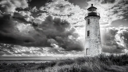 Monochrome coastal lighthouse under dramatic storm cloud field