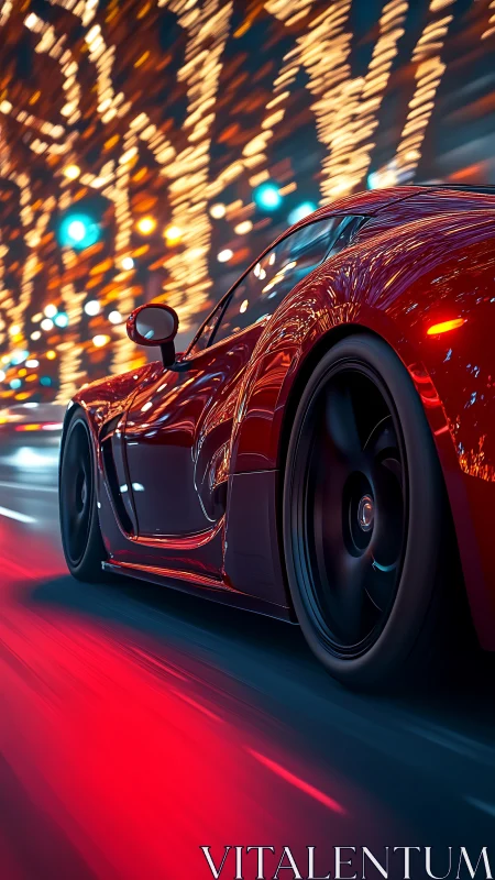 Low-angle red sports coupe under bokeh lights with dynamic motion blur