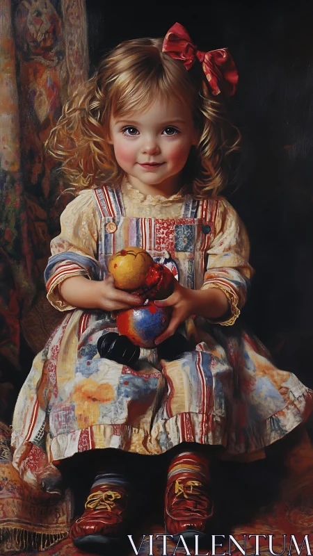 Victorian style child portrait with patchwork dress and toys
