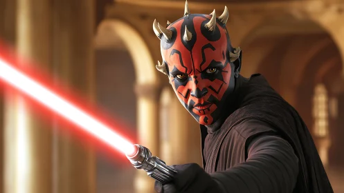 Masked warrior with horned head holds red energy weapon